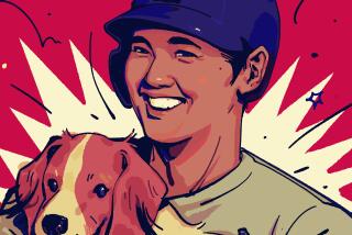 illustration of a smiling Shohei Ohtani in a Dodgers helmet holding a brown and white dog