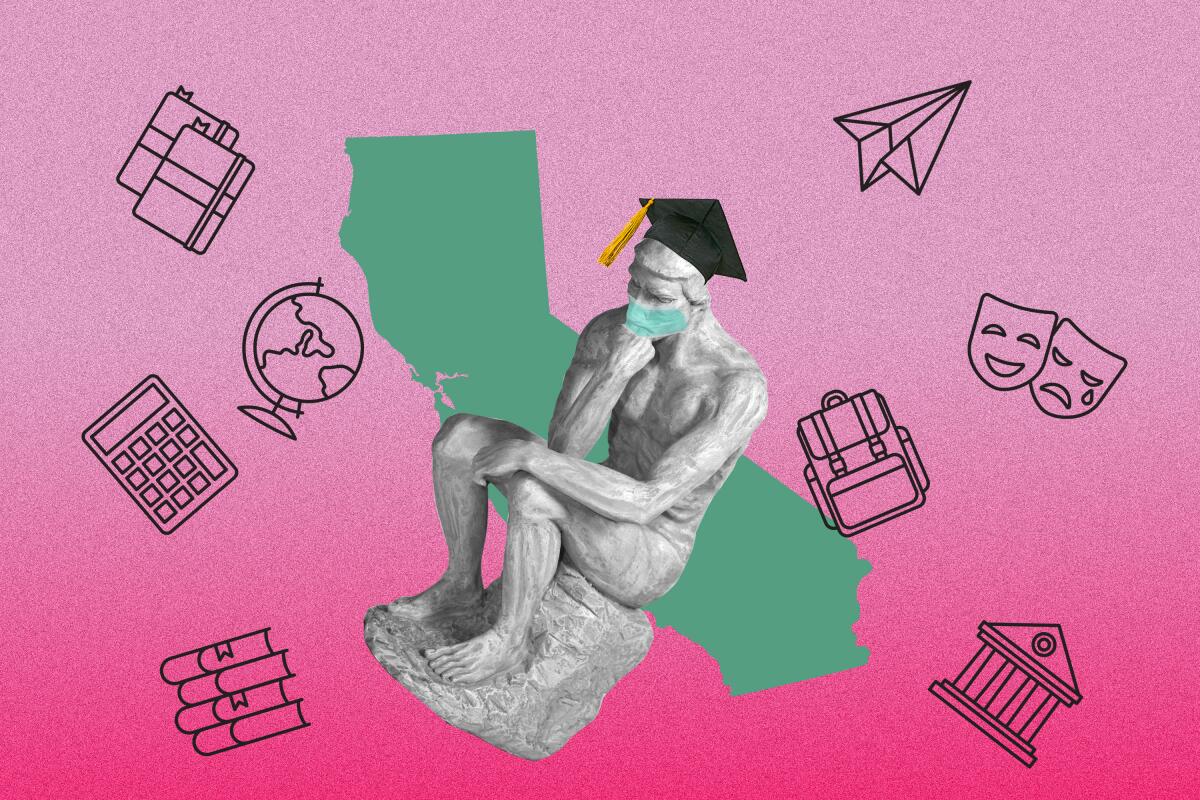 Graphic of "The Thinker" statue wearing a face mask and mortarboard, with a map of California and education symbols.