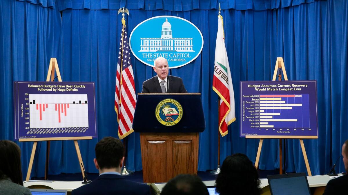 Gov. Jerry Brown discusses his proposed 2018-19 state budget at a news conference in Sacramento, Calif. on Jan. 10.