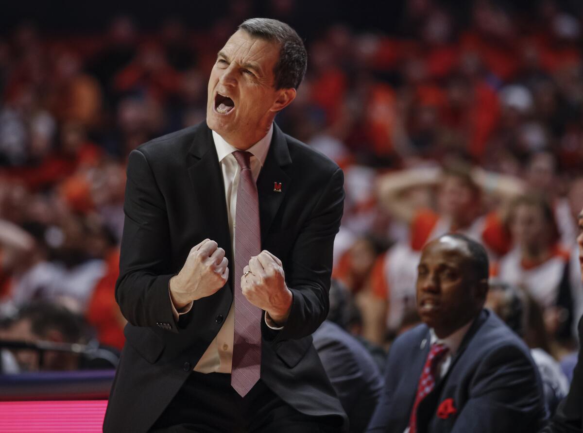 Maryland coach Mark Turgeon reacts during the second half of his team's 75-66 win at Illinois on Feb. 7, 2020.