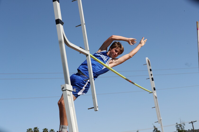 Ryan Bisher of Ramona High does the pole vault at the April 7 meeting against Valley Center.