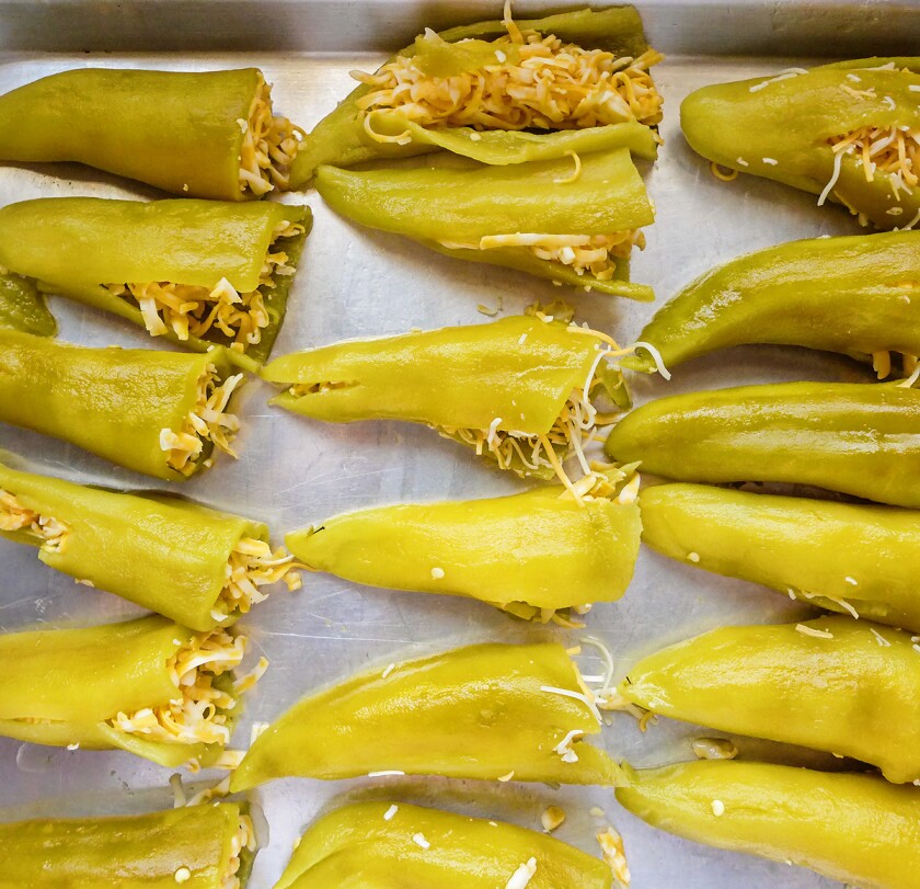 Ortega green chiles stuffed with cheese, waiting to be battered.