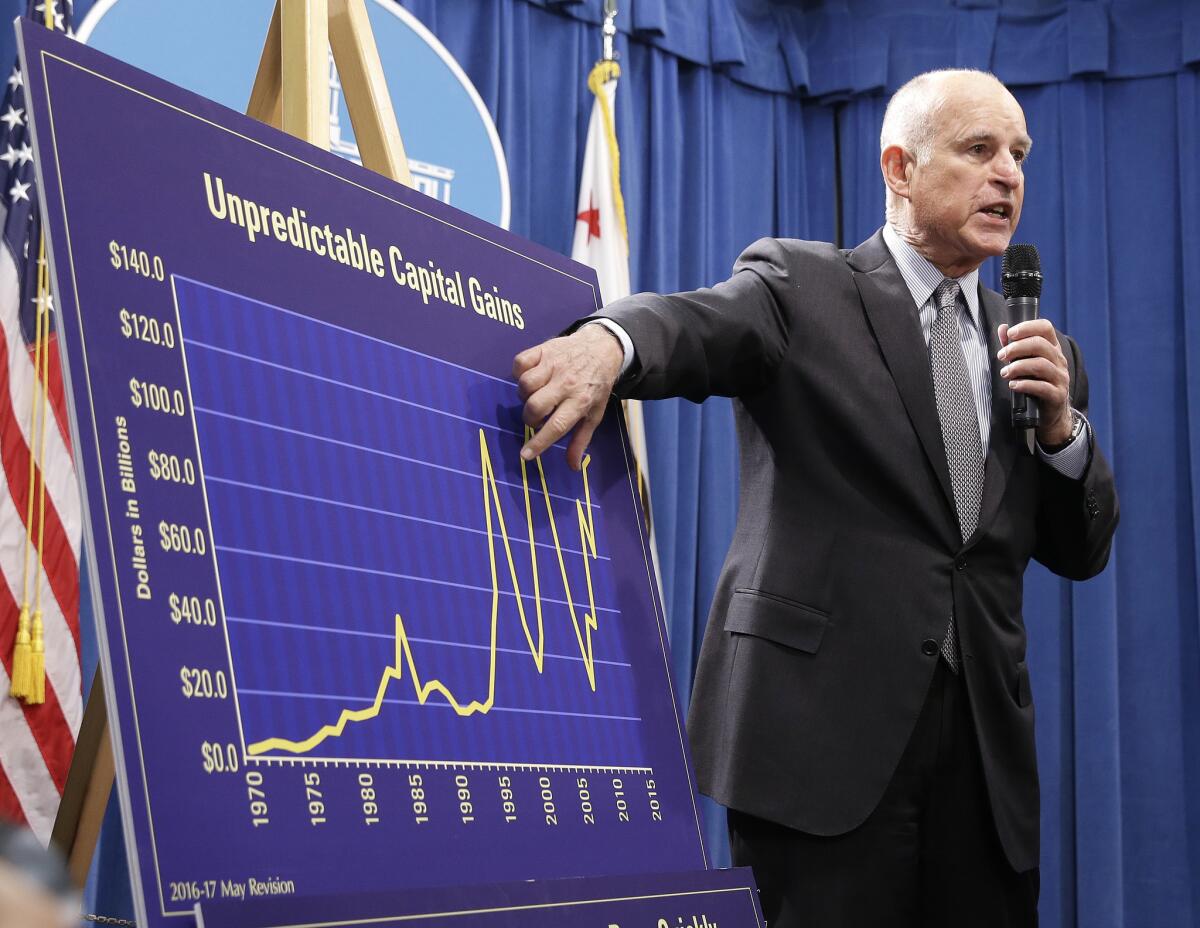 Gov. Jerry Brown points out the volatility of capital gains tax revenue in comments to reporters in 2016.