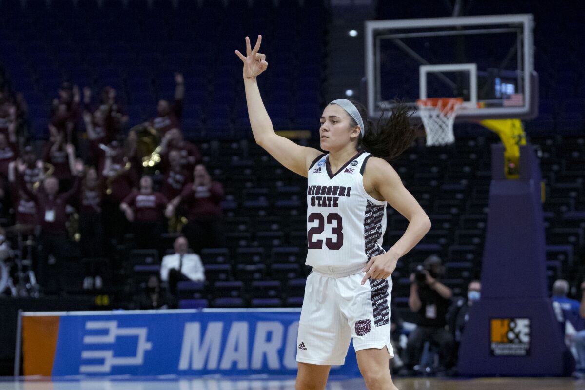 Missouri State guard Mya Bhinhar (23) celebrates a 3-pointer during the first half of a First Four game against Florida State in the NCAA women's college basketball tournament Thursday, March 17, 2022, in Baton Rouge, La. (AP Photo/Matthew Hinton)