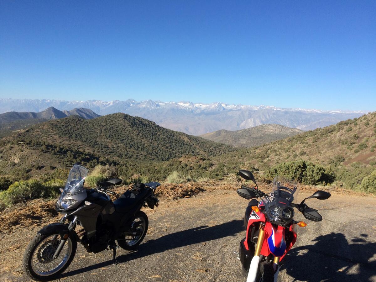 We thought dual sport bikes, like the Kawasaki Versys 300 (left) and the Honda CR250L Rally (right) would be perfect for this ride. They also looked good against a backdrop of the Eastern Sierras.