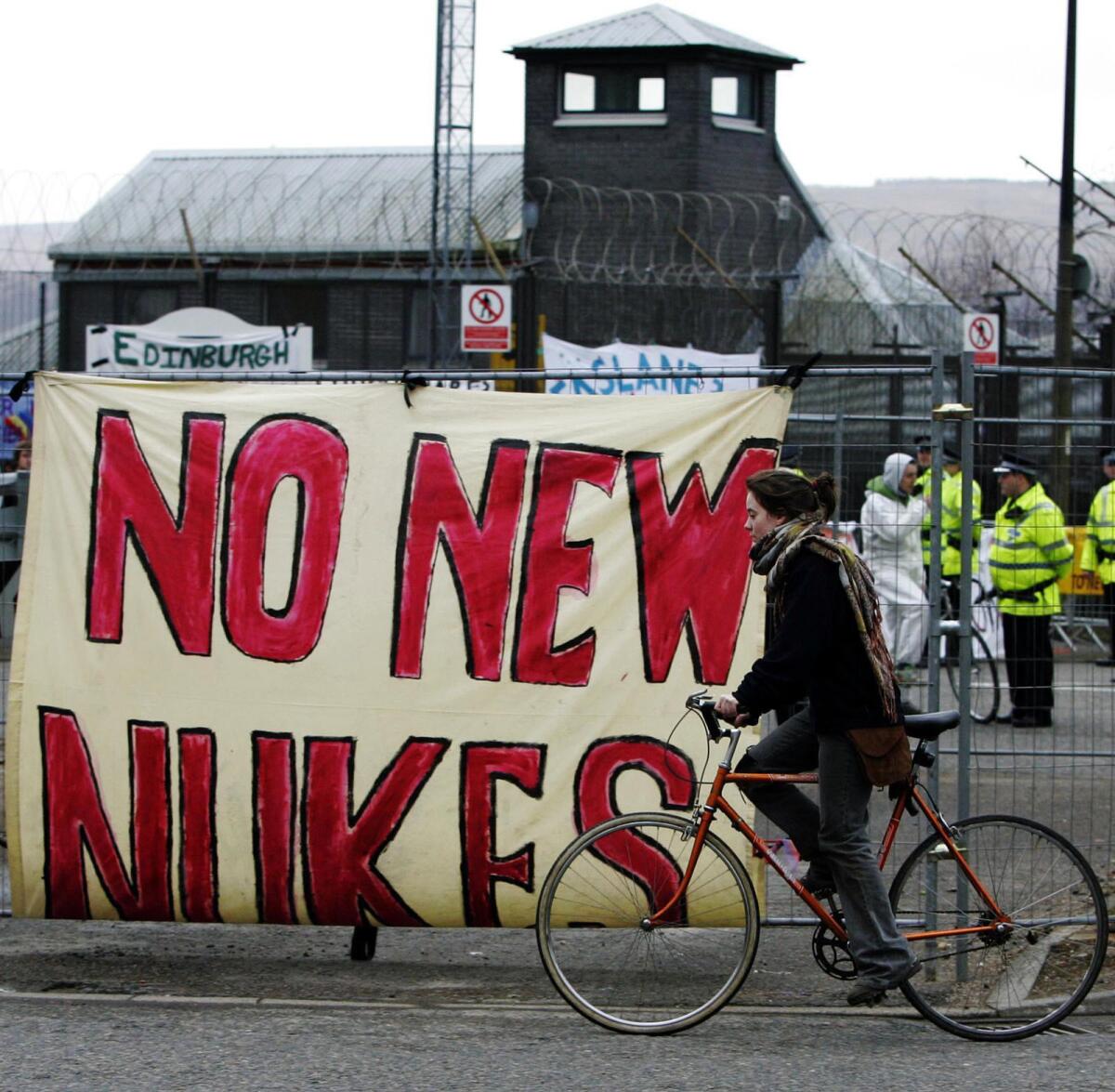 A ban-the-bomb protest in Scotland, 2007. A Los Alamos research says he was fired for calling for an end to nuclear weapons.