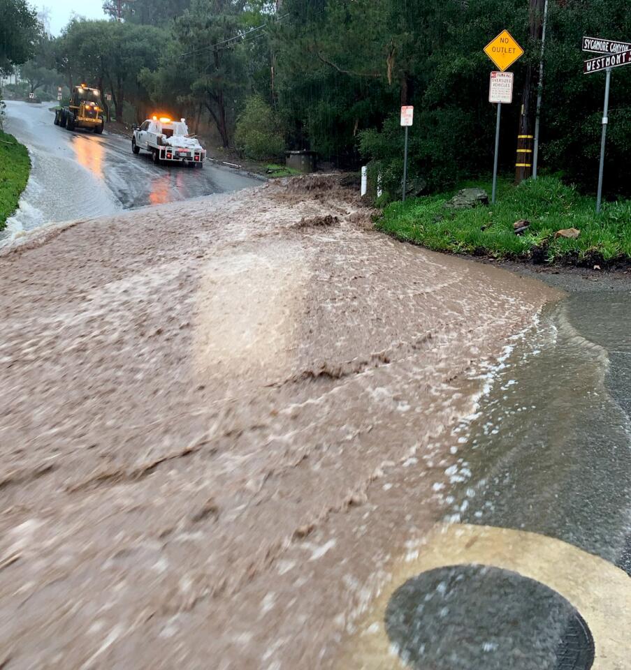 A CHP image show heaving water flowing on Westmont and Sycamore Canyon in Montecito on Jan. 9.