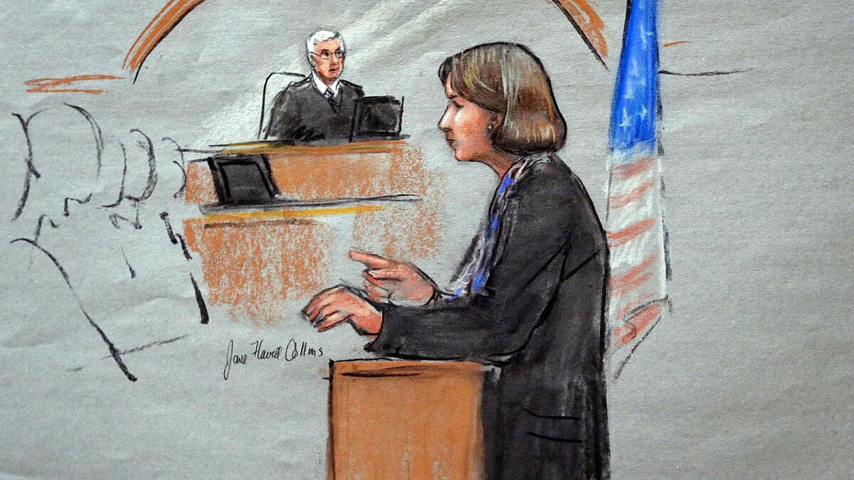 In this courtroom sketch, defense attorney Judy Clarke is depicted delivering opening statements.