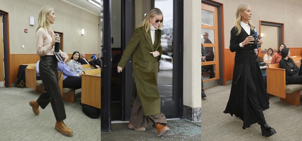 Three images of actor Gwyneth Paltrow at a courthouse in Park City, Utah. 