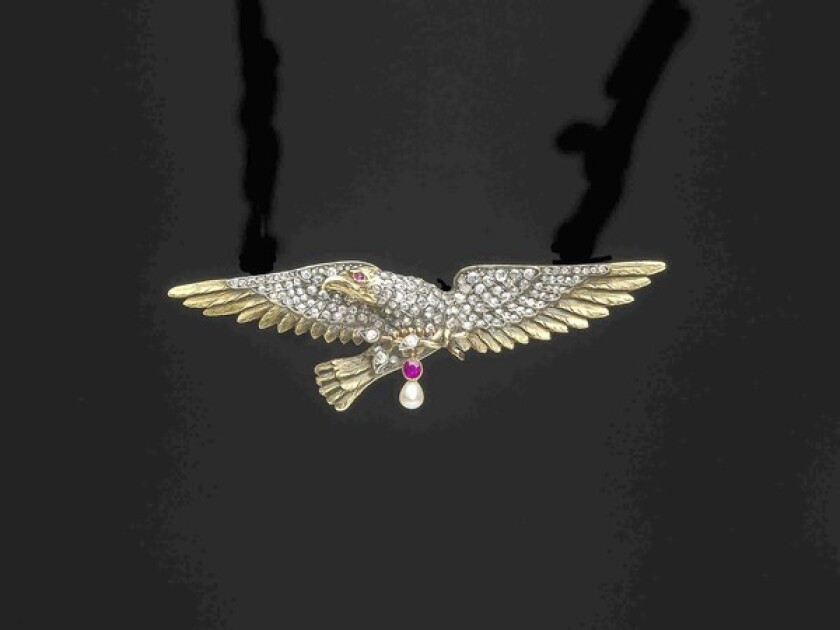 Secretary of State diamond eagle, circa 1890, is from France. It's made from yellow gold, silver, diamonds, rubies and natural saltwater pearl.