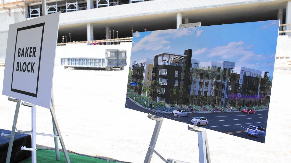 A rendering of Baker Block, a 240-unit apartment project east of the 55 Freeway in Costa Mesa.