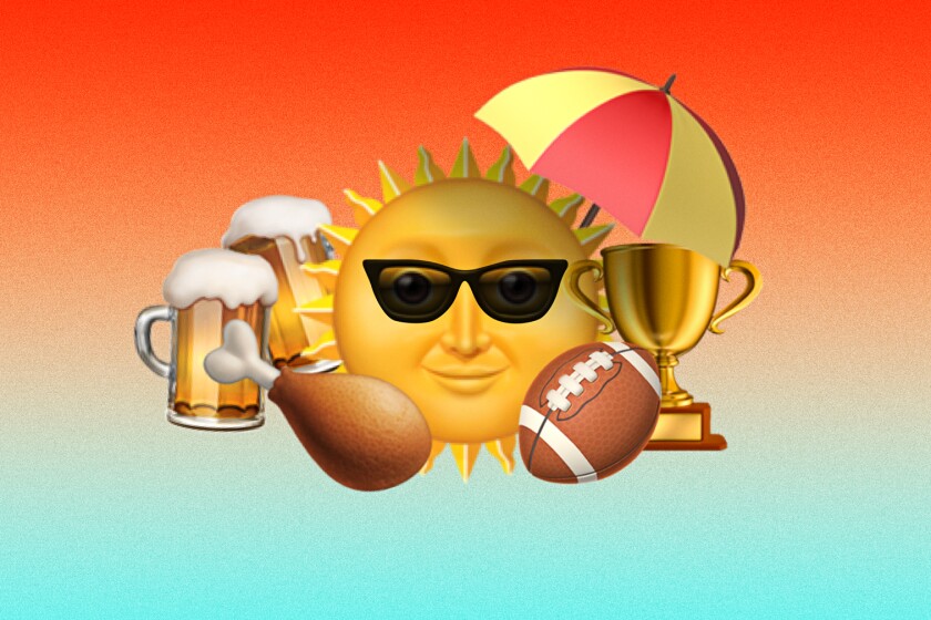 An illustration shows a sun in sunglasses with football, trophy, umbrella, mugs of beer and a poultry drumstick.