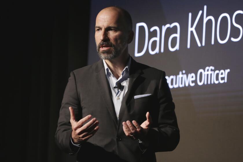 FILE - In this Sept. 5, 2018 file photo, Uber CEO Dara Khosrowshahi speaks during the company's unveiling of the new features in New York. Ride-hailing service Uber announced on Tuesday, March 26, 2019 it has acquired Mideast competitor Careem for $3.1 billion, giving the San Francisco-based firm the commanding edge in a region with a large young, tech-savvy population. (AP Photo/Richard Drew, File)