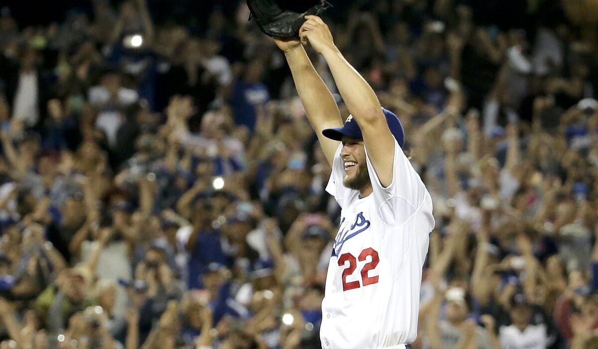 Dodgers left-hander Clayton Kershaw reacts after recording the final out in his no-hitter against the Colorado Rockies on Wednesday night at Dodger Stadium.