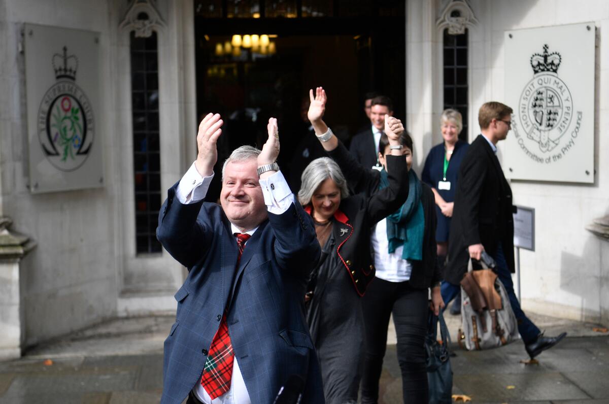 Ian Blackford, leader of the Scottish National Party, reacts outside Britain's Supreme Court after a hearing on the prorogation of Parliament.