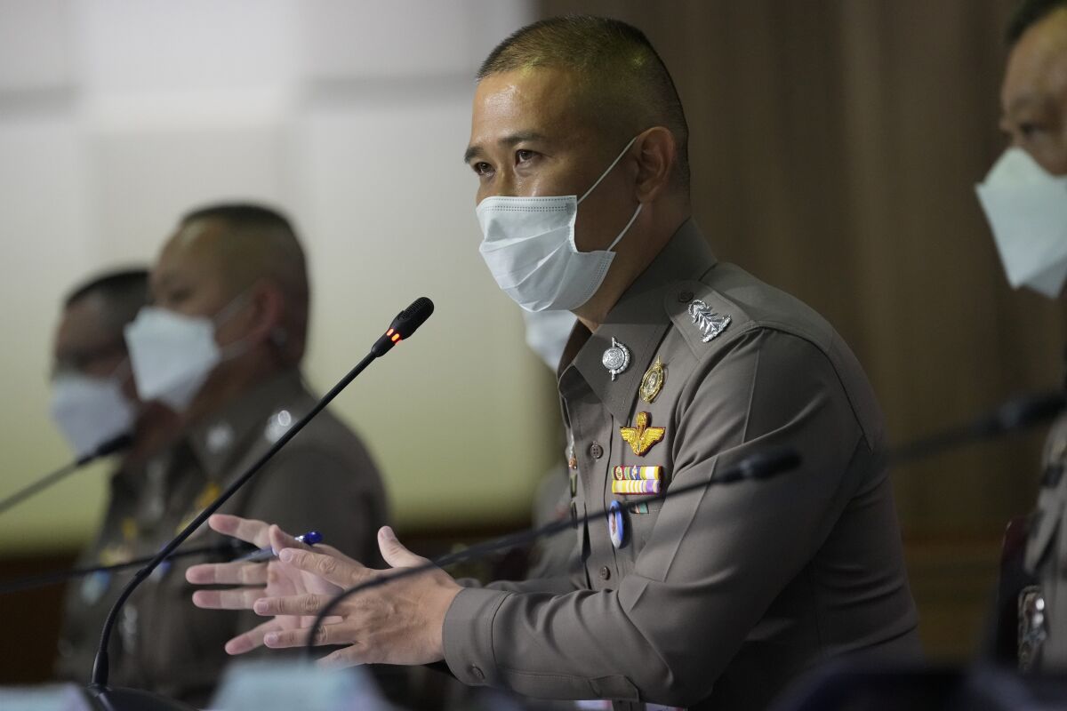 Commissioner of Central Investigation Bureau Jirabhob Bhuridej holds a press conference in Bangkok, Thailand, Wednesday, Nov. 3, 2021. The commissioner announced that they have arrested the head of a company suspected of cheating overseas buyers of medical rubber gloves during the coronavirus pandemic. (AP Photo/Sakchai Lalit)