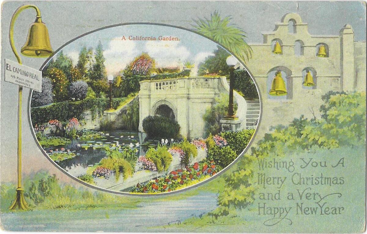 The El Camino Real bell, a garden in bloom and mission bells are shown on a vintage postcard.