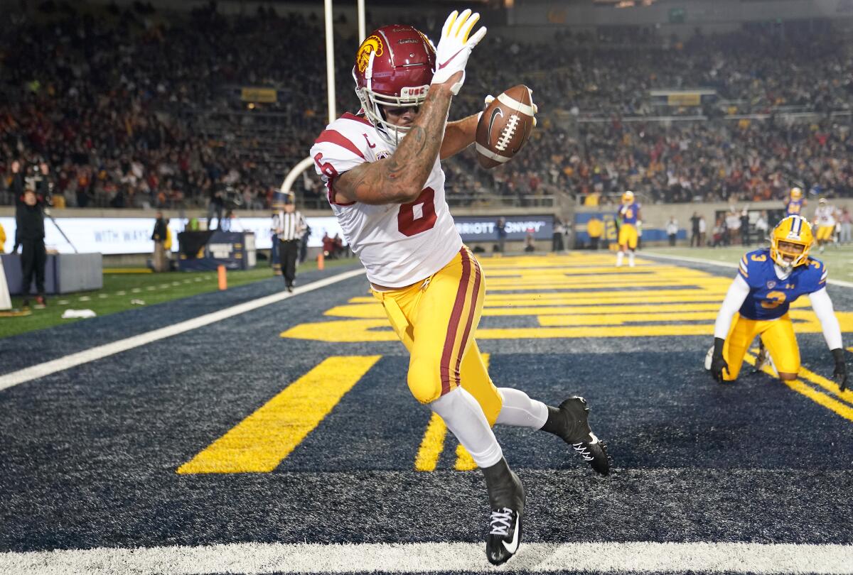 USC receiver Michael Pittman Jr. catches a touchdown pass against California during a game Nov. 16 at California Memorial Staidum.