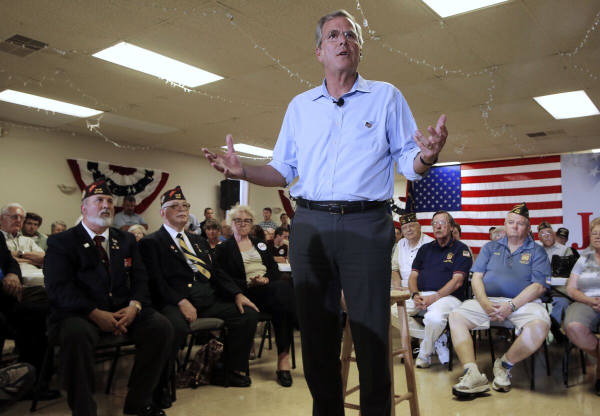Jeb Bush speaks during a town hall meeting in Hudson, N.H., on July 8.