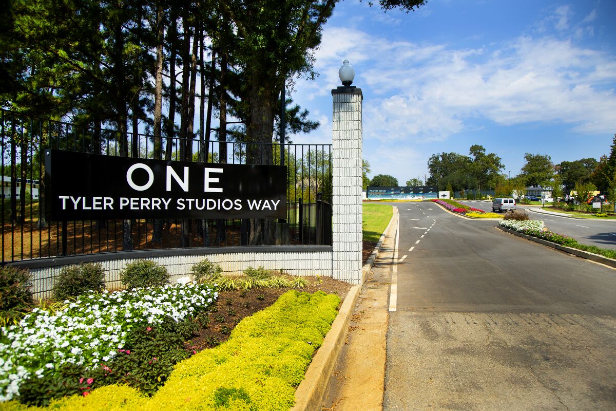 The entrance to Tyler Perry Studios in southwest Atlanta.