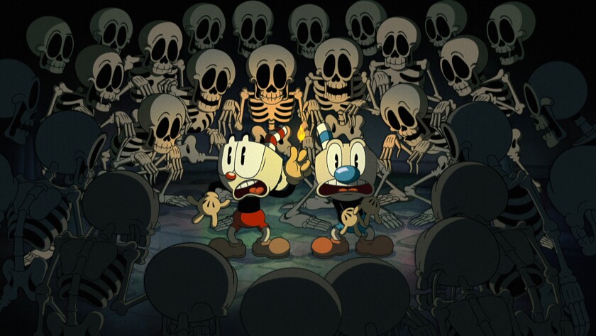 A cup character and mug character surrounded by skeletons.