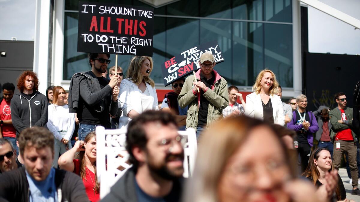 Workers at Riot Games stage a walkout in Los Angeles on May 6, 2019.