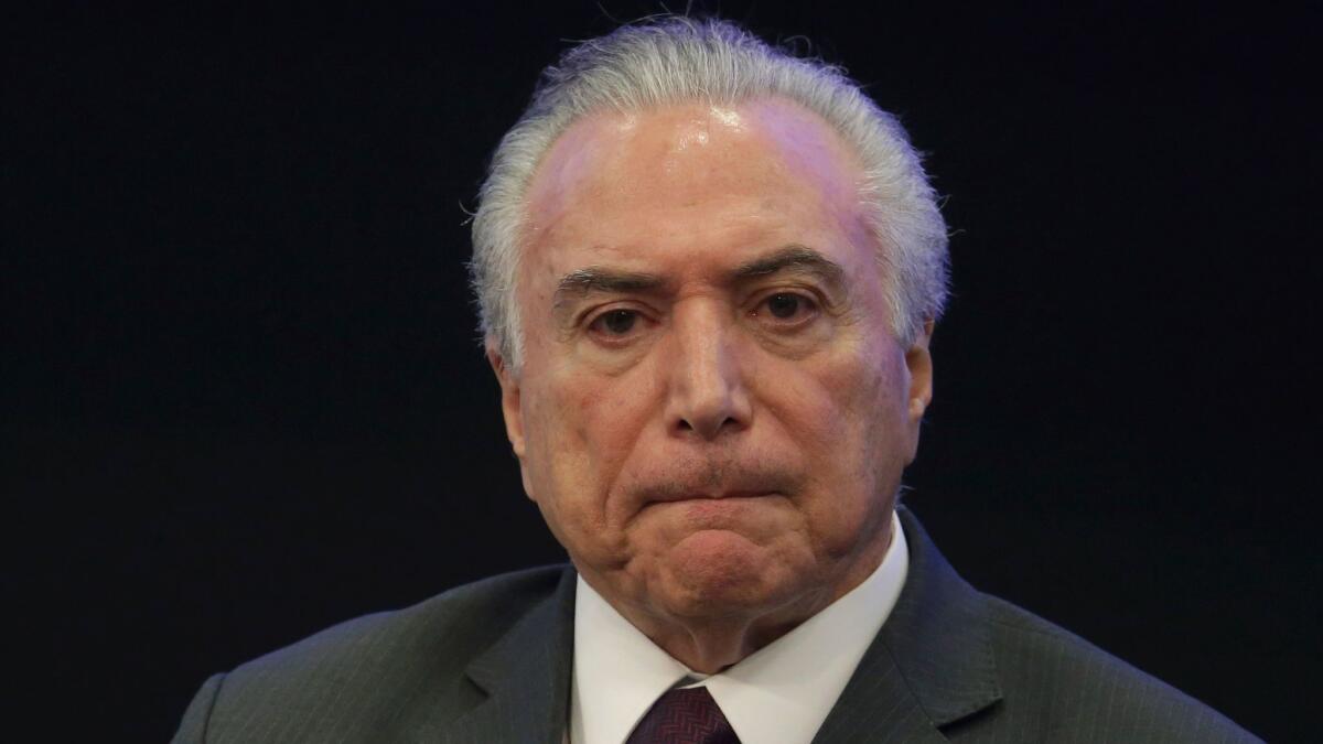 Brazilian President Michel Temer's office canceled his planned activities Thursday in the wake of a newspaper report that he had been taped endorsing bribery of a former lawmaker.