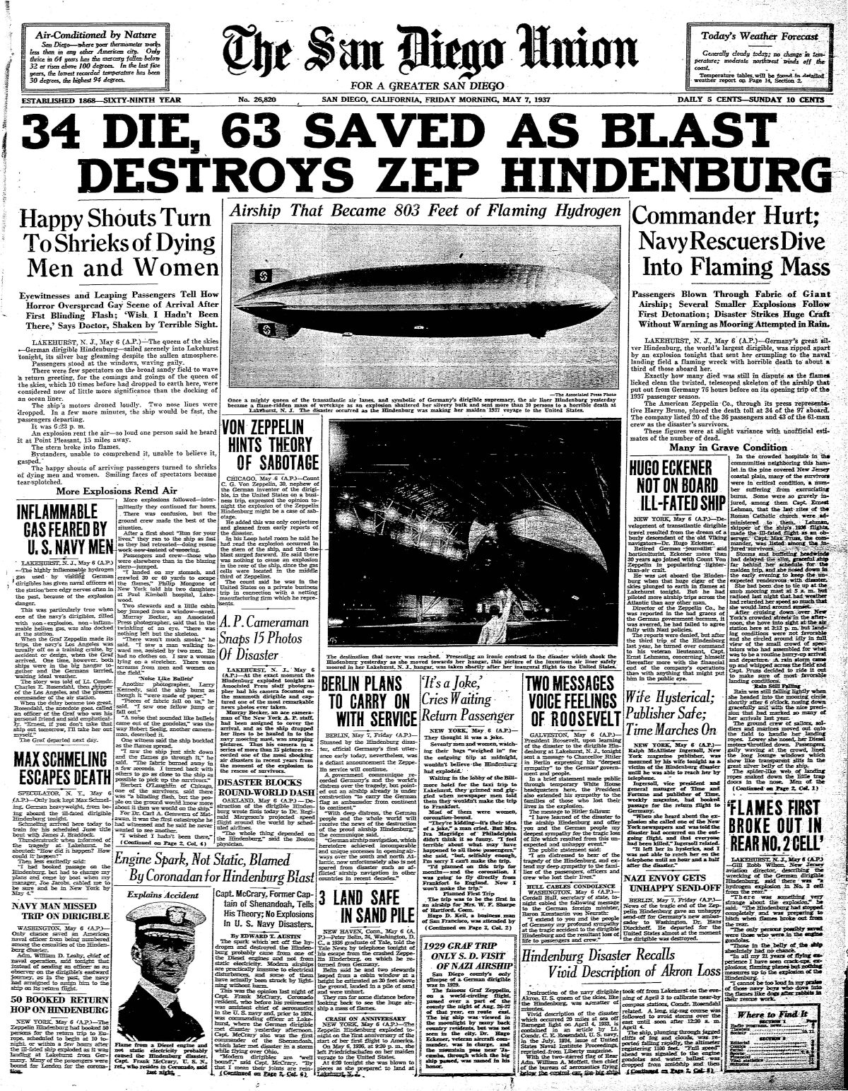 Crash of the Hindenburg reported on the front page of The San Diego Union May 7, 1937.
