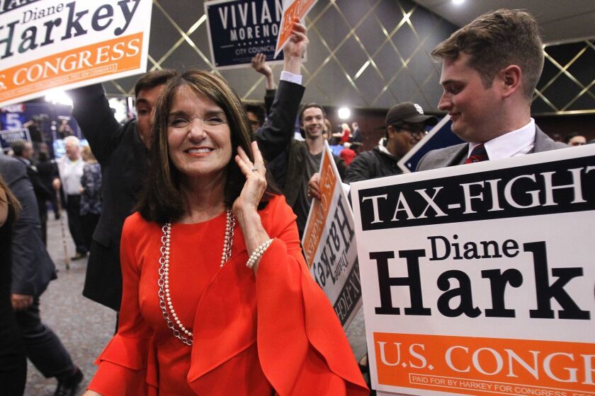 SAN DIEGO, June 5, 2018 | Diane Harkey, candidate for the 49th Congressional District, with her supporters in Golden Hall in San Diego on Tuesday. | Photo by Hayne Palmour IV/San Diego Union-Tribune/Mandatory Credit: HAYNE PALMOUR IV/SAN DIEGO UNION-TRIBUNE/ZUMA PRESS San Diego Union-Tribune Photo by Hayne Palmour IV copyright 2017
