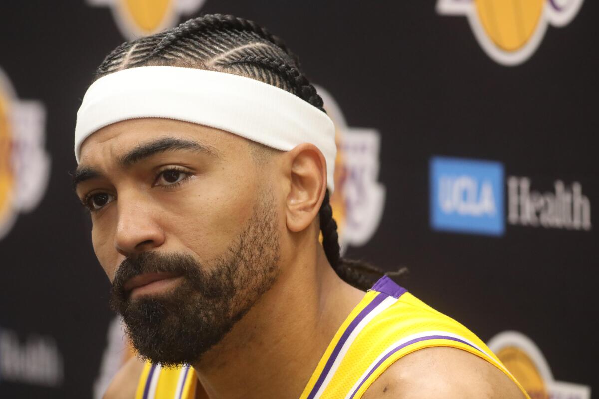 Gabe Vincent speaks to reporters during Lakers media day