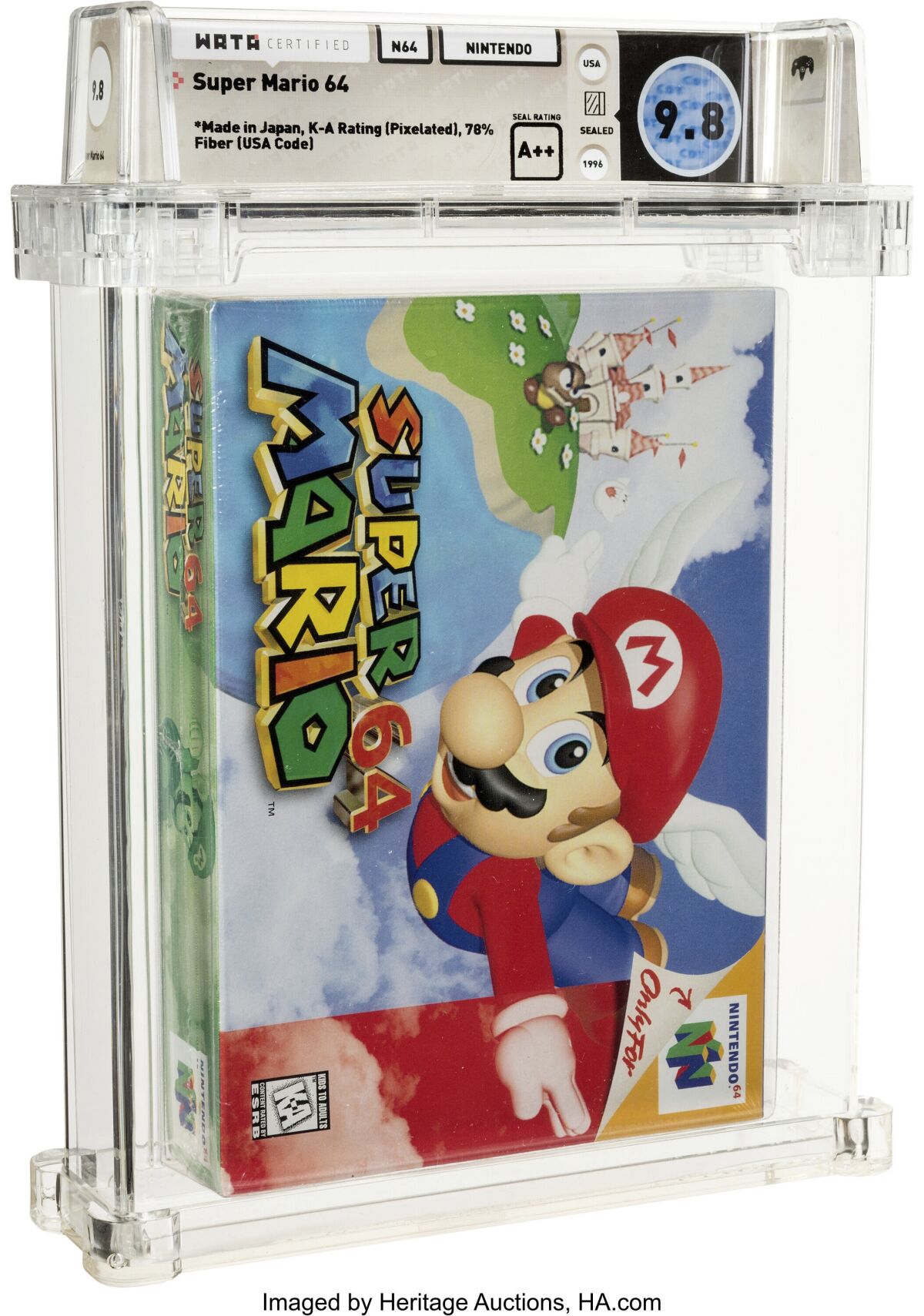 En esta imagen cortesía de Heritage Auctions se muestra una copia sin abrir del juego Super Mario 64 de Nintendo
