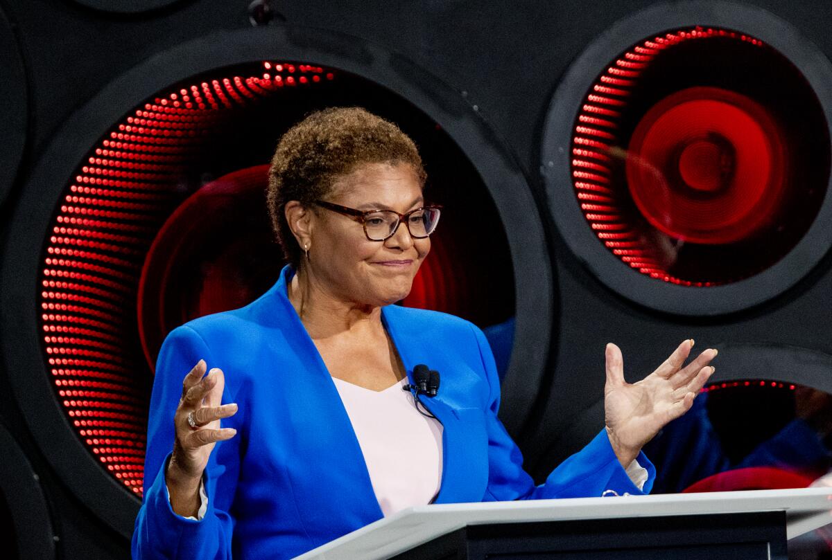 Karen Bass speaks onstage