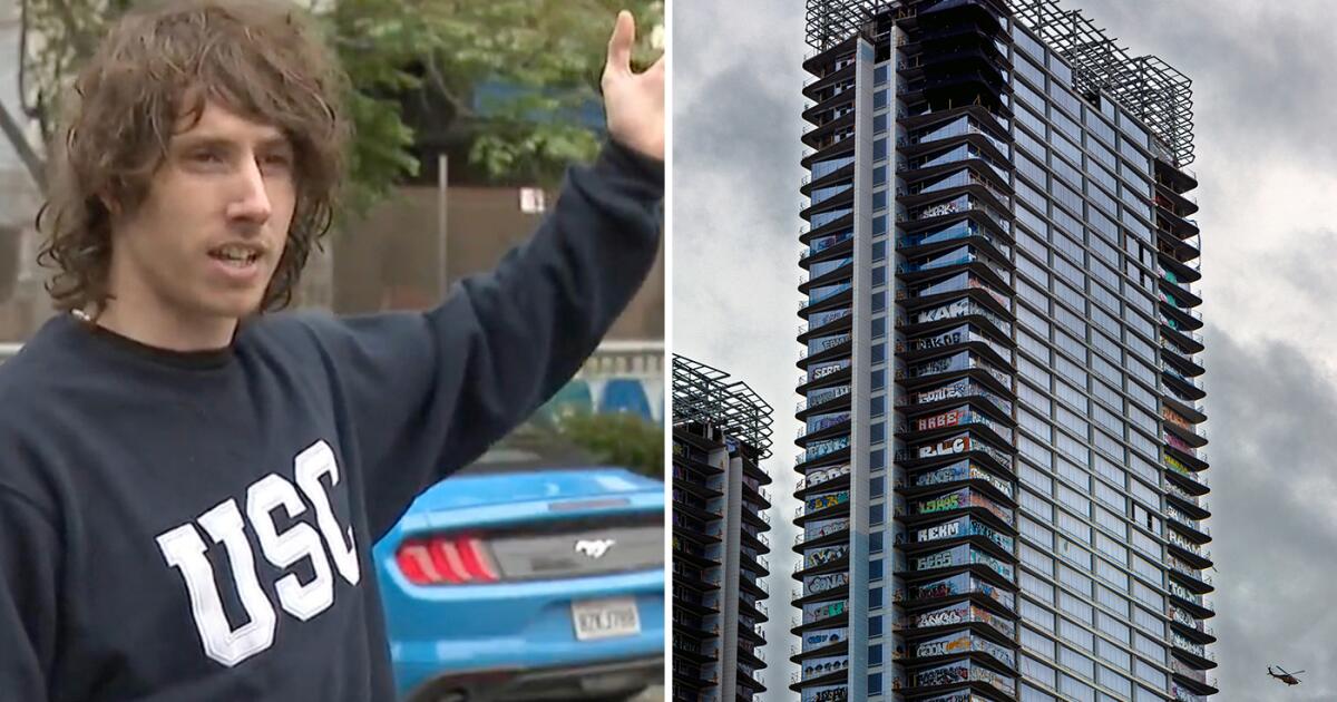 Performance artist films tightrope walk at L.A.'s graffiti towers