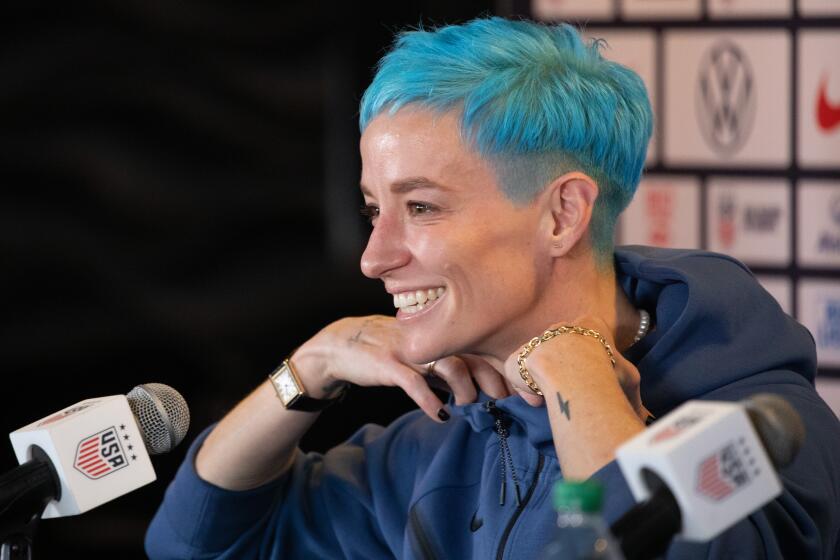 CARSON, CA - JUNE 27: Megan Rapinoe answers questions during Media Day for the United States Womens National Team at Dignity Health Sports Park in Carson, CA on Tuesday, June 27, 2023. (Myung J. Chun / Los Angeles Times)