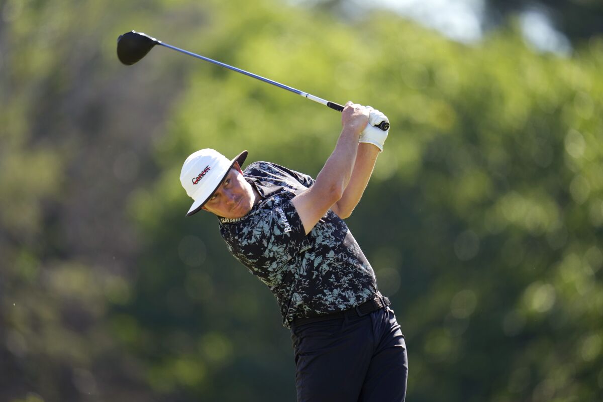 Joel Dahmen hits on the eighth hole during the second round of the U.S. Open golf tournament at The Country Club, Friday, June 17, 2022, in Brookline, Mass. (AP Photo/Julio Cortez)