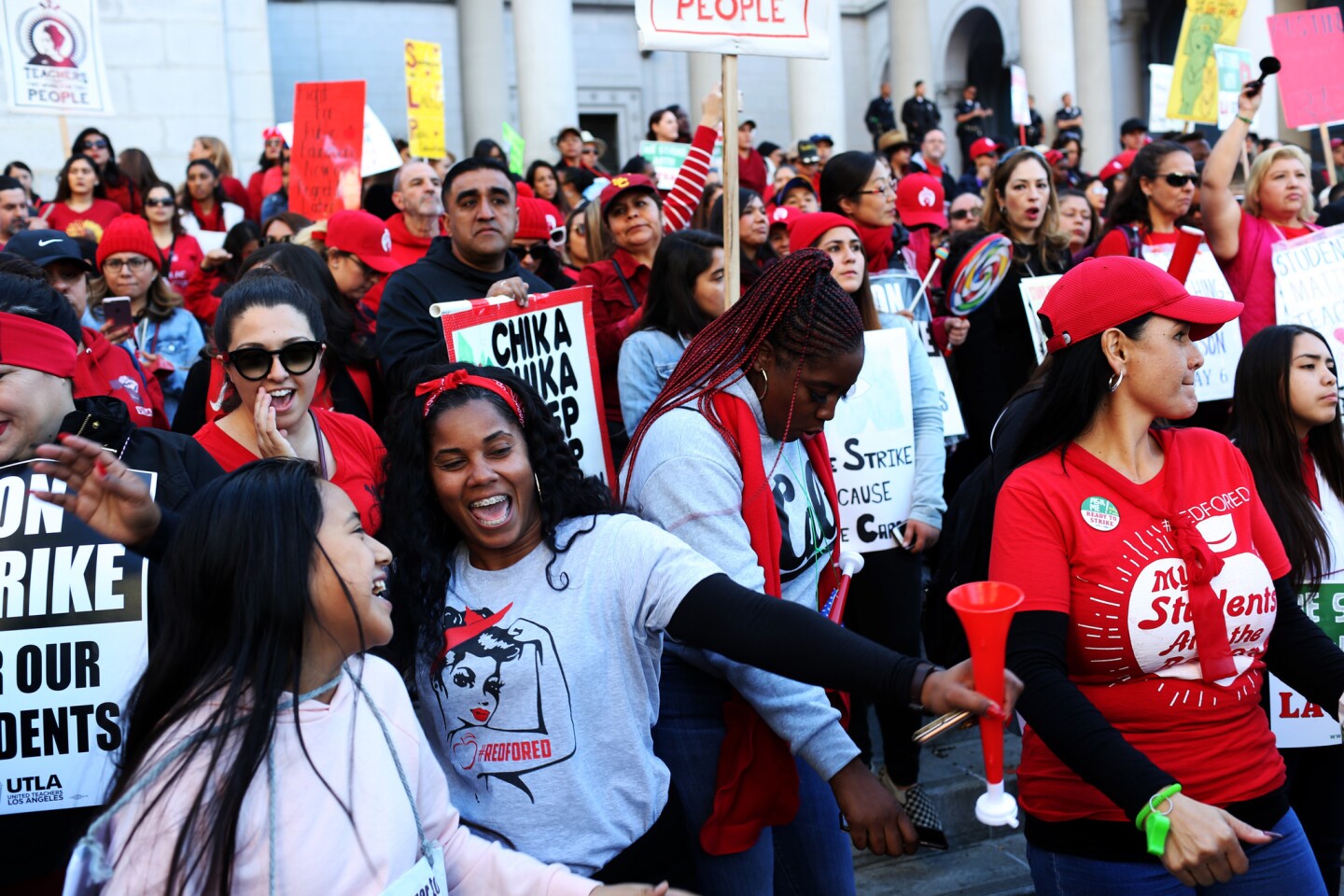 Teachers and their supporters fill Grand Park during a rally after a tentative agreement wath LAUSD on smaller classes, new community schools, nurses and a raise.