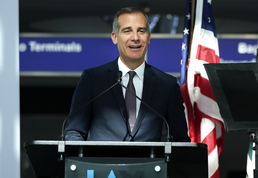 FILE - Los Angeles Mayor Eric Garcetti speaks at a news conference at Los Angeles International Airport on May 24, 2021, in Los Angeles. The senior Republican on the Senate Judiciary Committee said Thursday, March 10, 2022, he has received "numerous credible allegations" that Garcetti was aware of sexual harassment and assaults of city employees committed by his close friend and adviser, but did nothing to stop the misconduct, documents showed Thursday. (AP Photo/Ashley Landis, File)