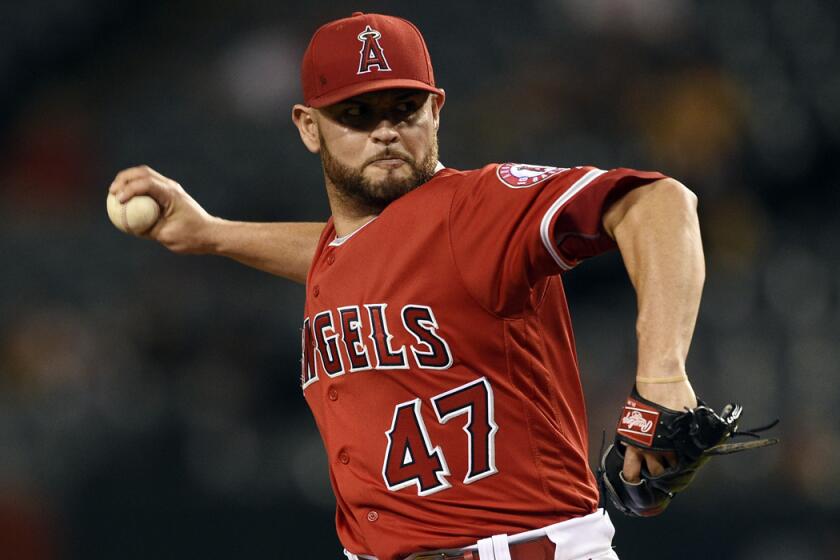 Angels starting pitcher Ricky Nolasco pitches against the Oakland Athletics during the first inning on Tuesday.