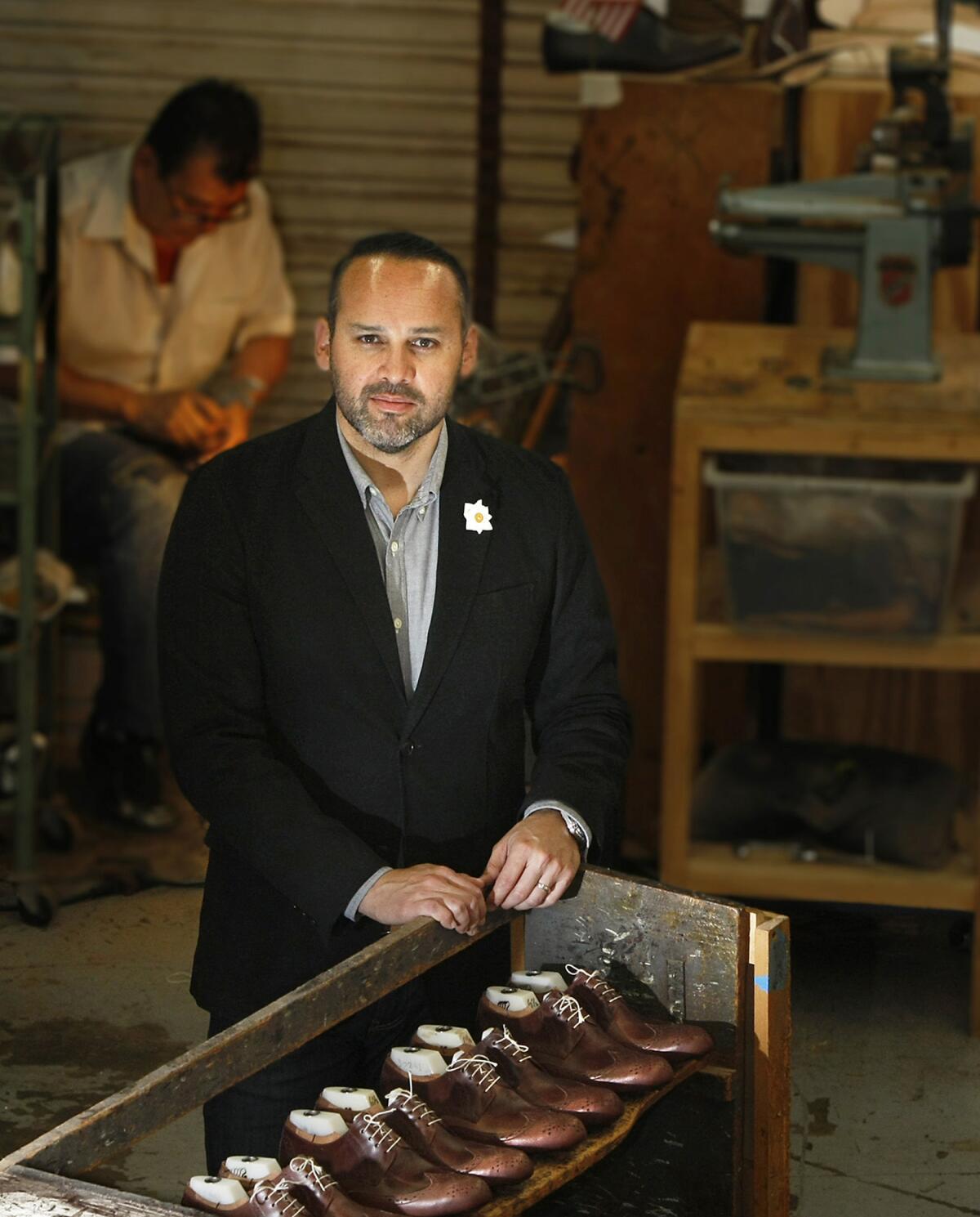 George Esquivel at his custom shoe design and manufacturing company in Buena Park.
