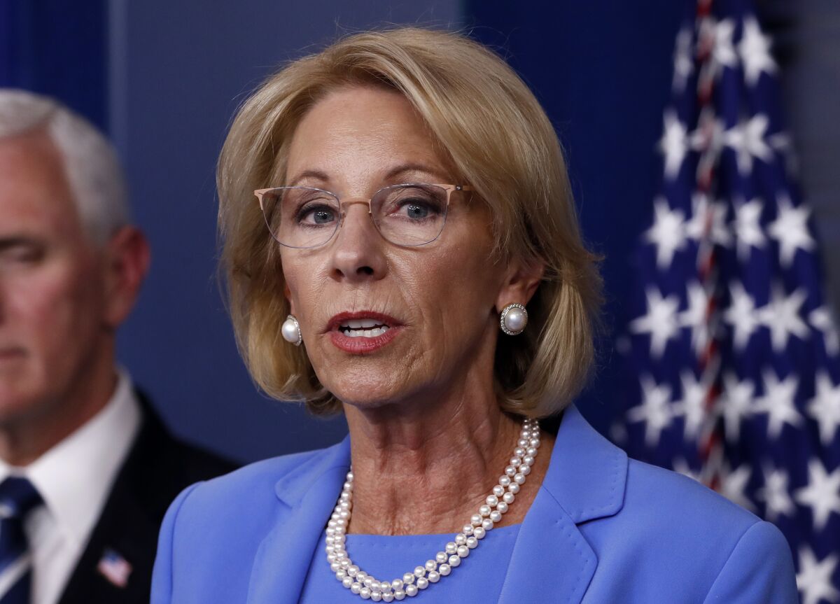 Education Secretary Betsy DeVos, shown speaking at the White House in March.
