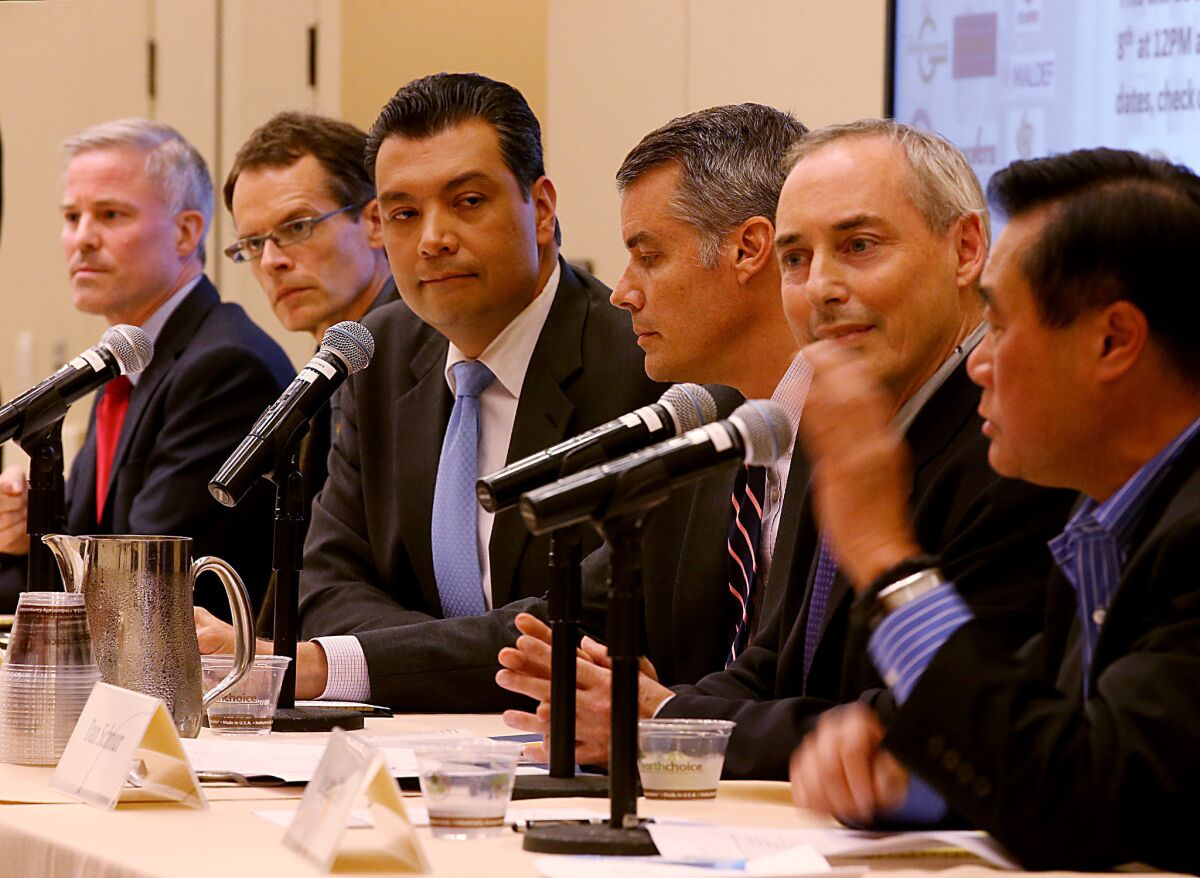 Candidates for California secretary of state participated Monday in a forum aimed at boosting voter interest. From left, Derek Cressman, David S. Curtis, Alex Padilla, Pete Peterson, Dan Schnur and Leland Yee.