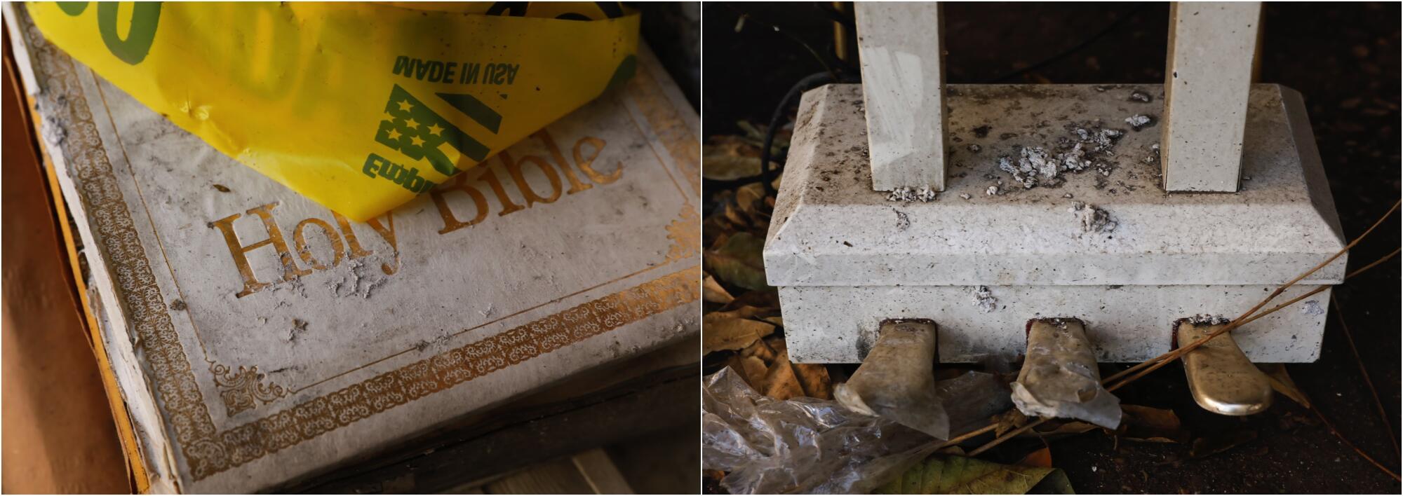 Ashes on a Bible, left, and a piano, right, in the storage area at Victory Baptist Church.