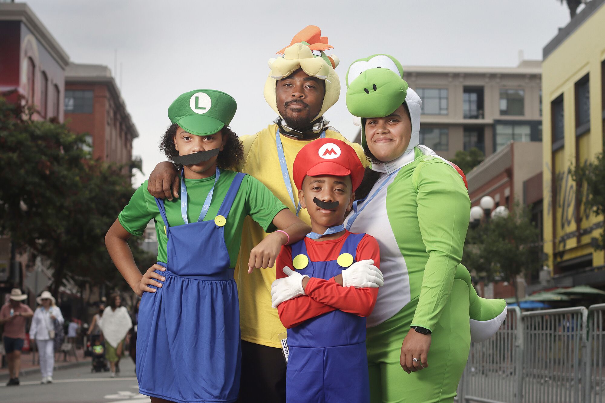 A family dressed as Super Mario Bros. characters