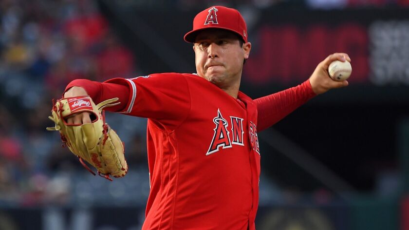 Angels pitcher Tyler Skaggs delivers during a game against the Oakland Athletics on Saturday.