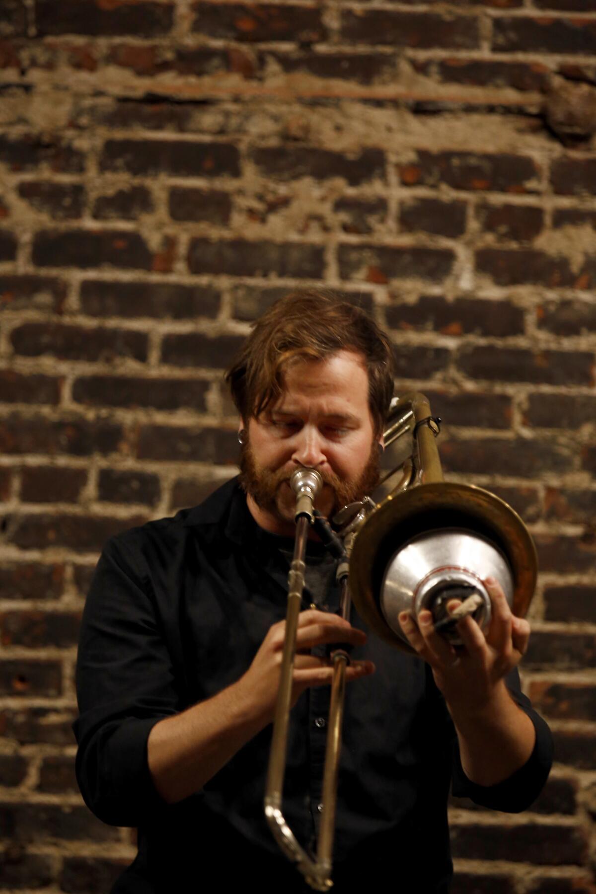 Trombonist Matt Barbier plays Berio's Sequenza V in Monk Space on Tuesday.