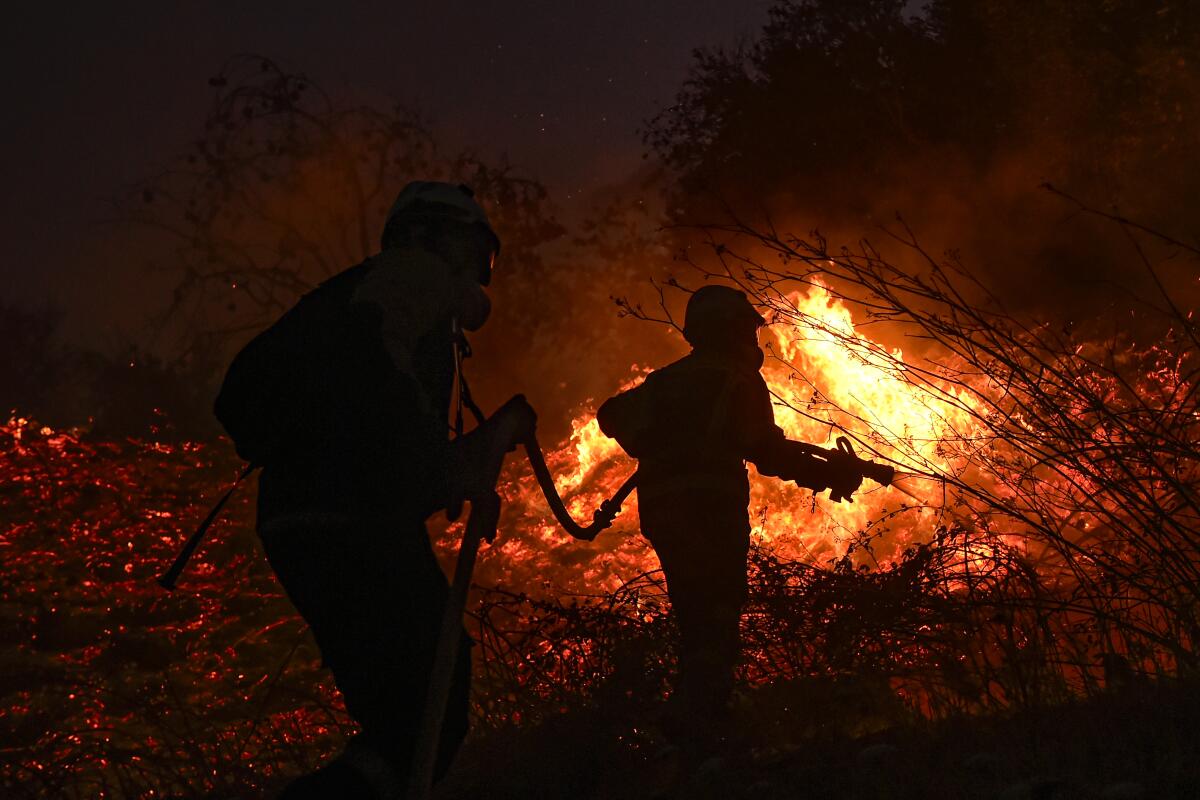 Firefighters work to control a forest fire near Mendigorria in northern Spain in August.