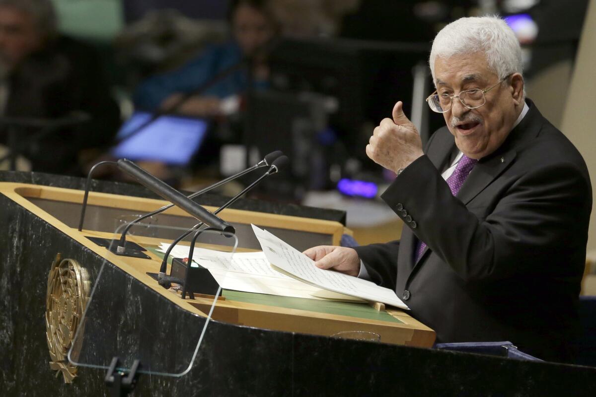 Palestinian Authority President Mahmoud Abbas addresses the 70th session of the United Nations General Assembly in New York on Sept. 30.