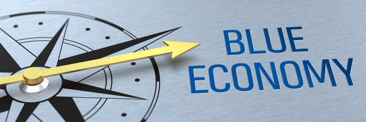 Compass needle pointing to the words Blue Economy - 3d rendering