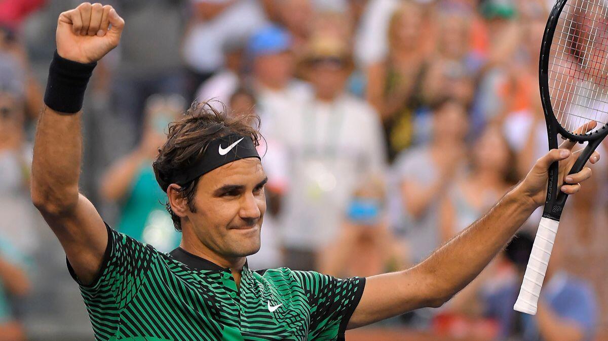 Roger Federer celebrates after beating Rafael Nadal at the BNP Paribas Open on Wednesday.