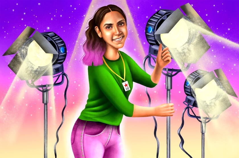 An illustration of a woman positioning lights on a film set.